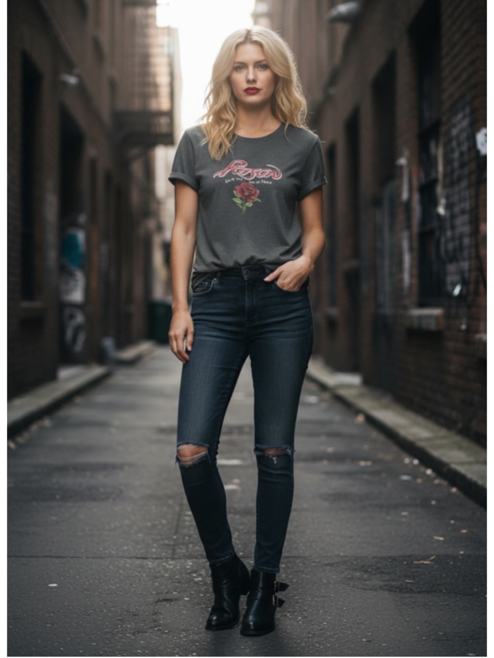 Poison Graphic Rose Short Sleeve Tee Women's Size S Gray